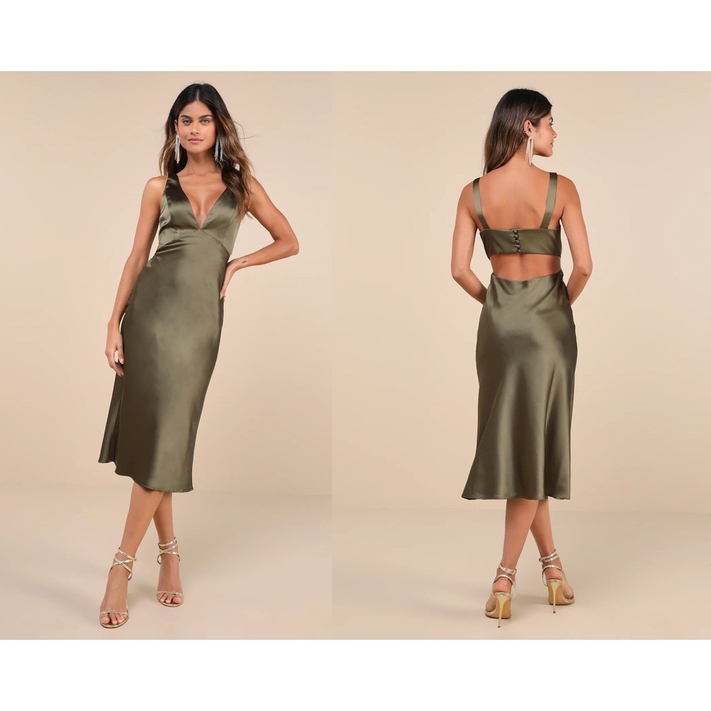 Lulu's Unmatched Elegance Olive Satin Sleeveless Midi Dress Size Small